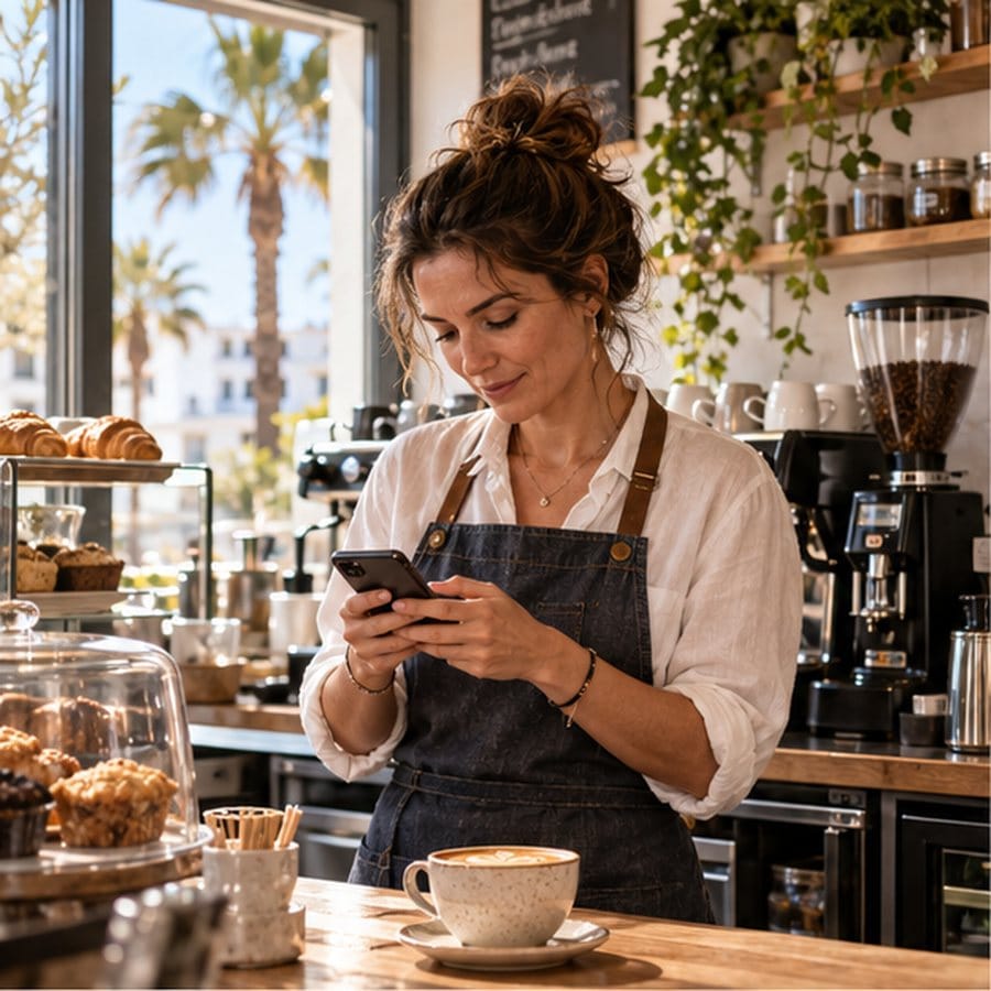 Café owner checking a busy phone at 09:00