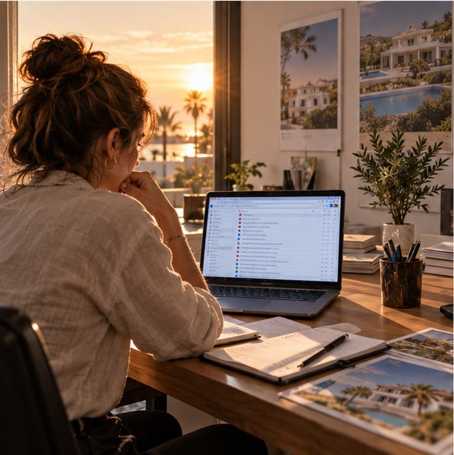 Estate agent facing an overflowing inbox at sunset