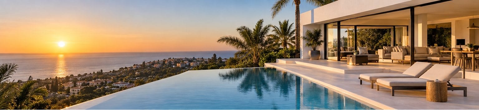 Modern white villa with an infinity pool and sea view at sunset