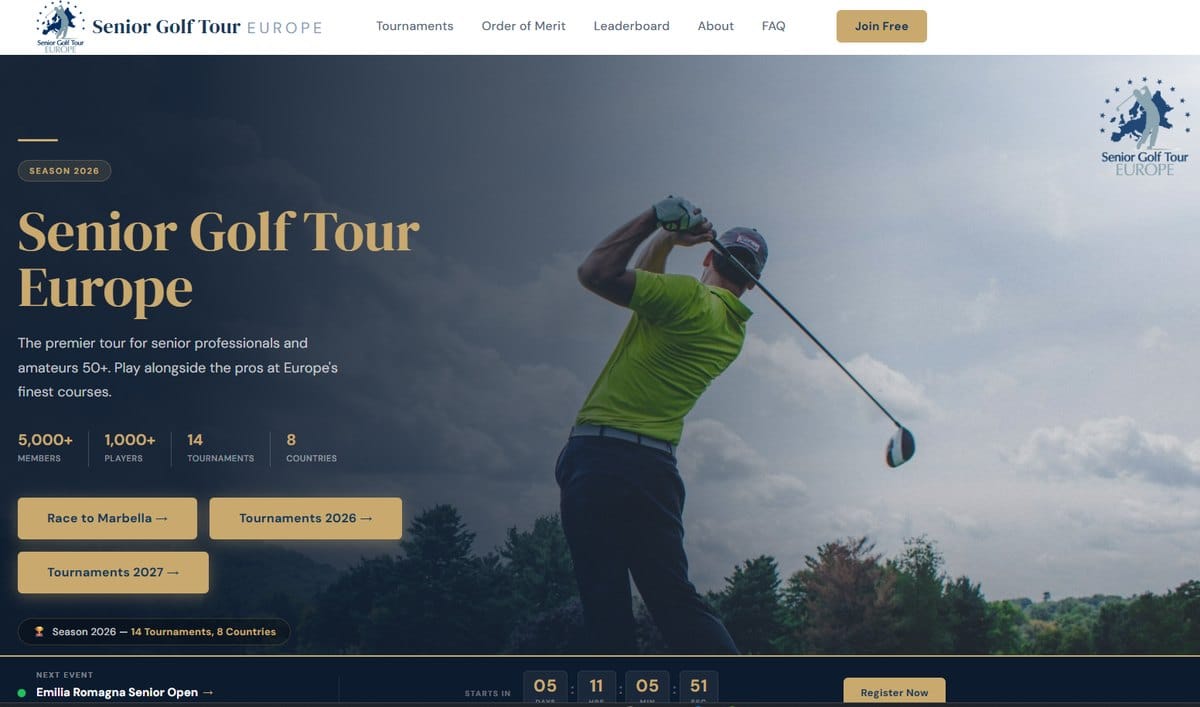 Senior Golf Tour Europe homepage with season 2026 hero and next-event countdown