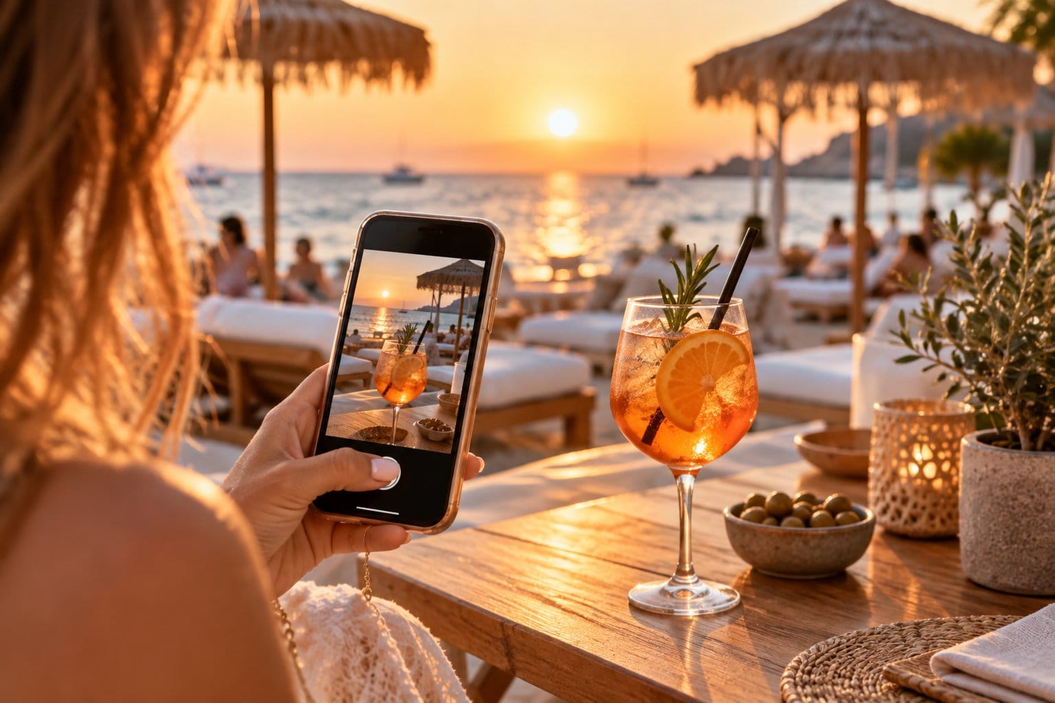 Guest photographing an Aperol spritz at sunset on the beach club terrace